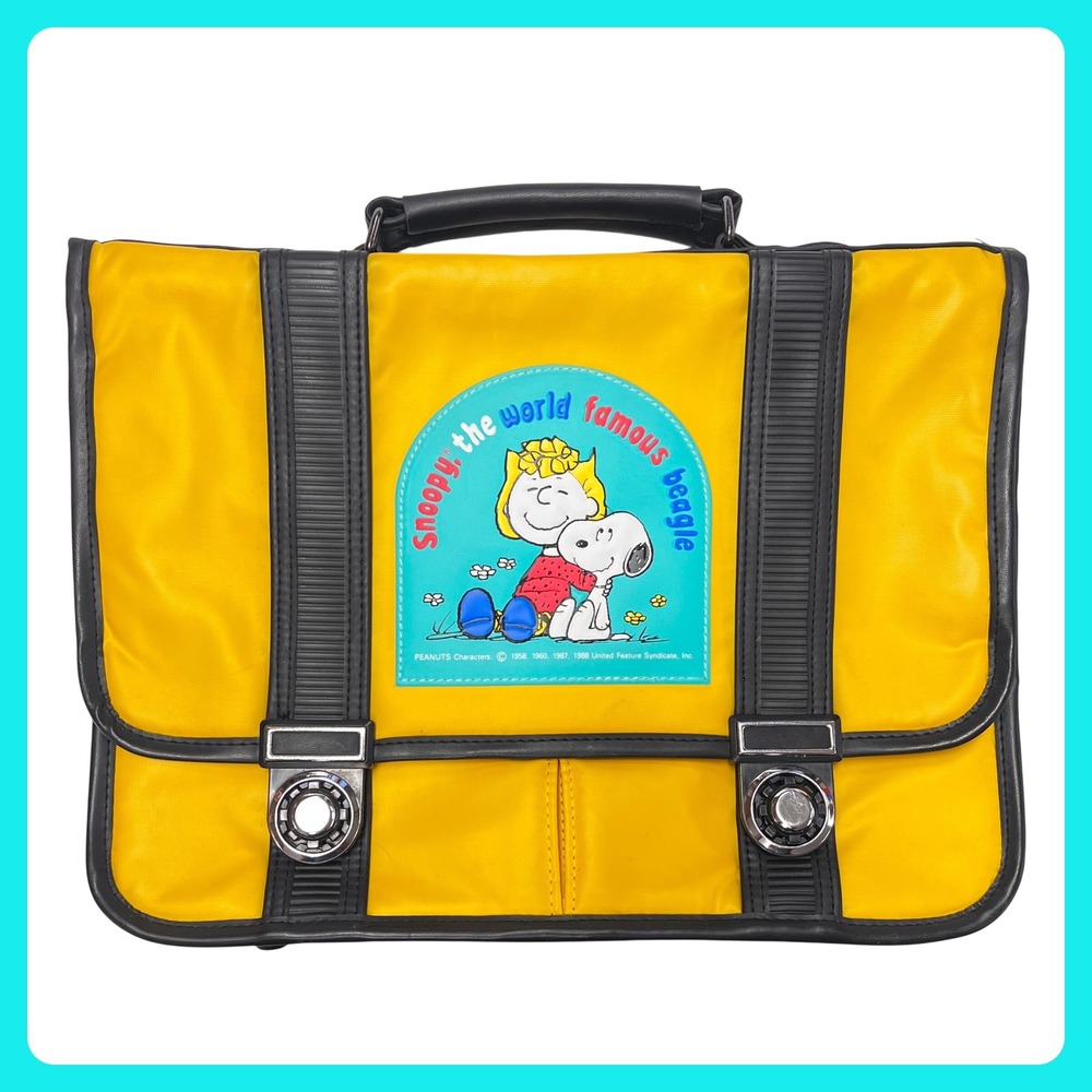 1988 Vintage Snoopy Sally‎ Peanuts Backpack Briefcase Yellow Nylon Kids Japan